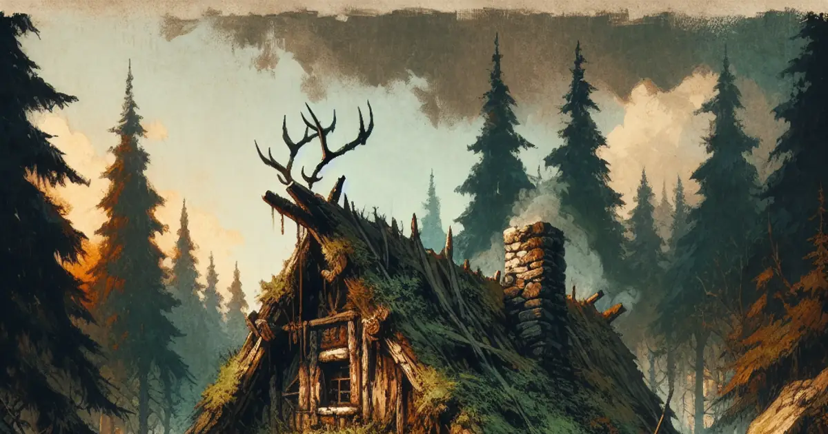A hunter's lodge under dark pines with lit windows, the gathering place for Titan Saga: Idle questions