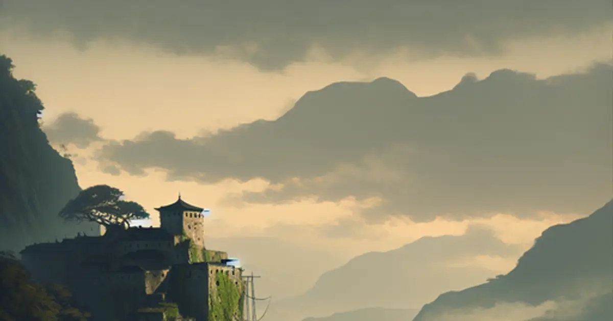 A mist-filled mountain valley with a single cliffside path, the Hermit Realm faction of Titan Saga: Idle