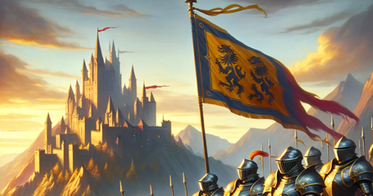 Armoured soldiers massed under a golden banner before a citadel, the Honorbound Warrior faction of Titan Saga: Idle