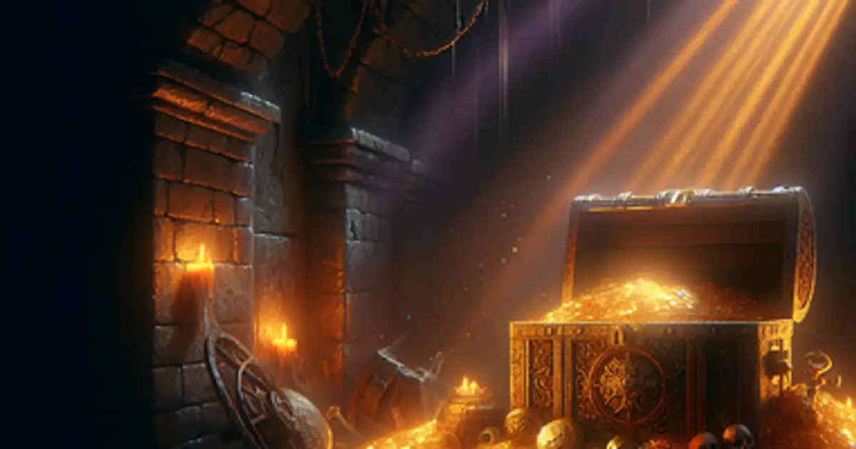 An open treasure chest spilling gold under a shaft of light, the item drops of Titan Saga: Idle