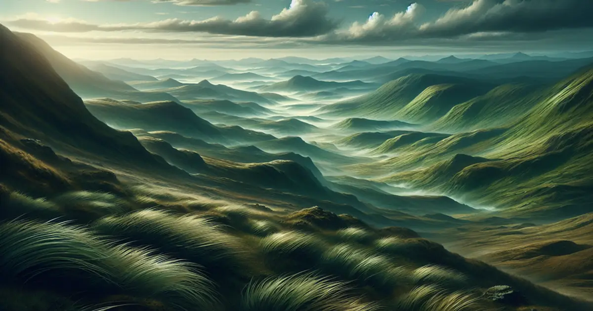 Rolling green highlands under a heavy sky, the opening region of Titan Saga: Idle