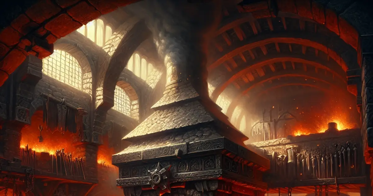 A working iron forge glowing orange with molten metal, one of the Titan Saga: Idle profession workplaces
