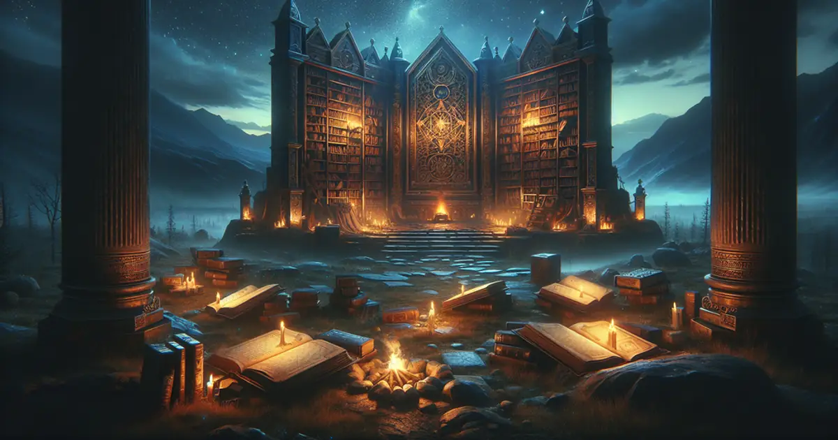 Wandering scholars reading by lantern light in a ruined hall, the origin most often picked when players ask about rerolling in Titan Saga: Idle