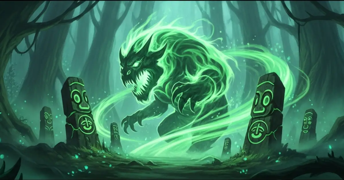 A spectral green dragon coiling through a rune-lit grove, the spirit trials behind the Titan Saga: Idle soul tree
