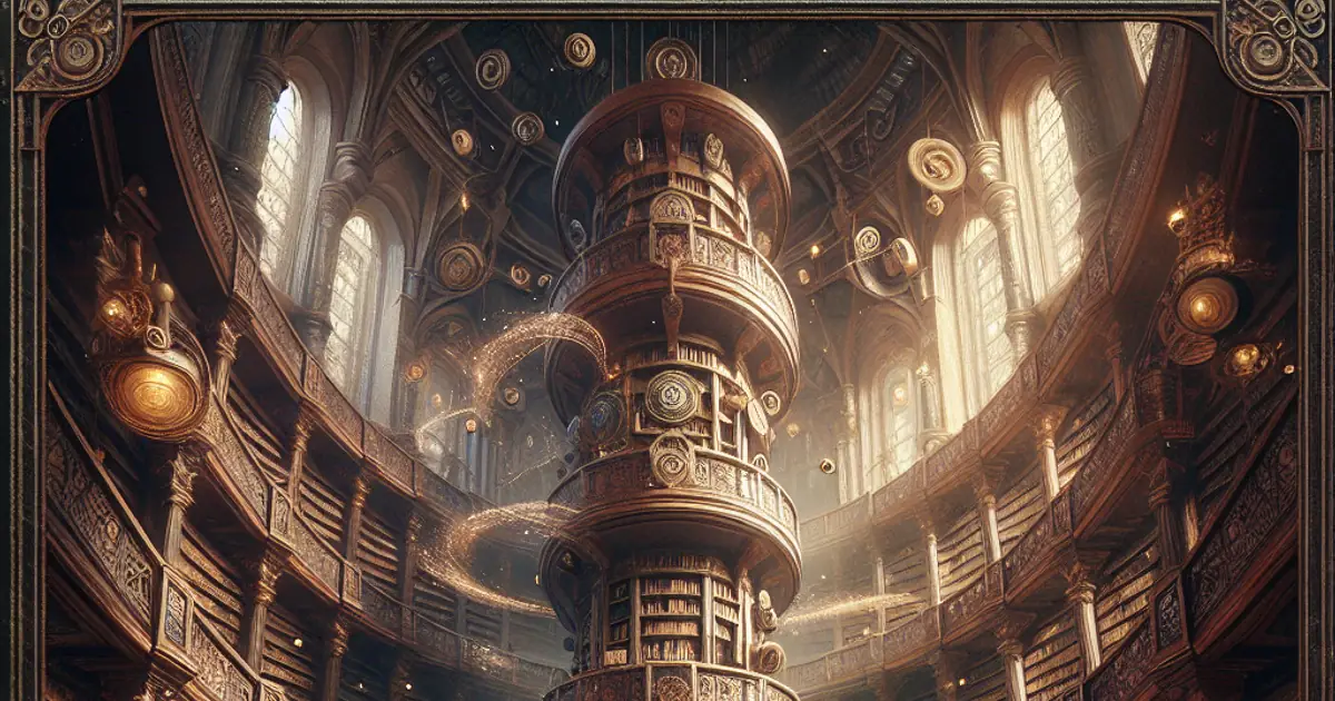 A spiral library of stacked ledgers and reading galleries, standing in for the Titan Saga: Idle stat system