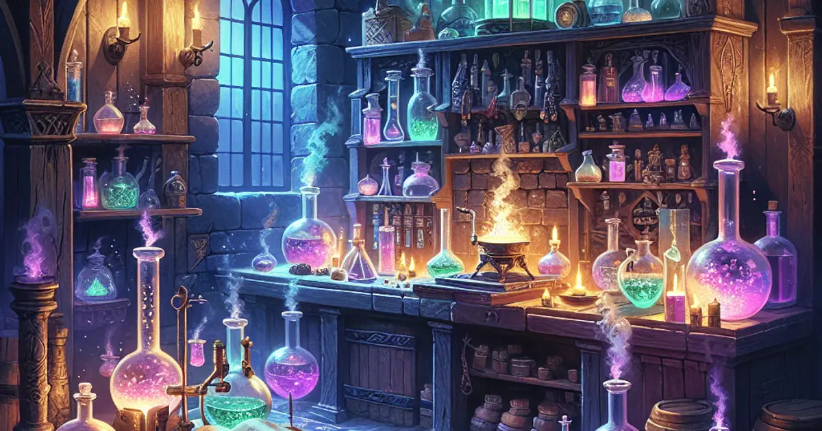An essence laboratory of glowing flasks and coloured vapours, where Titan Saga: Idle materials are transmuted between families