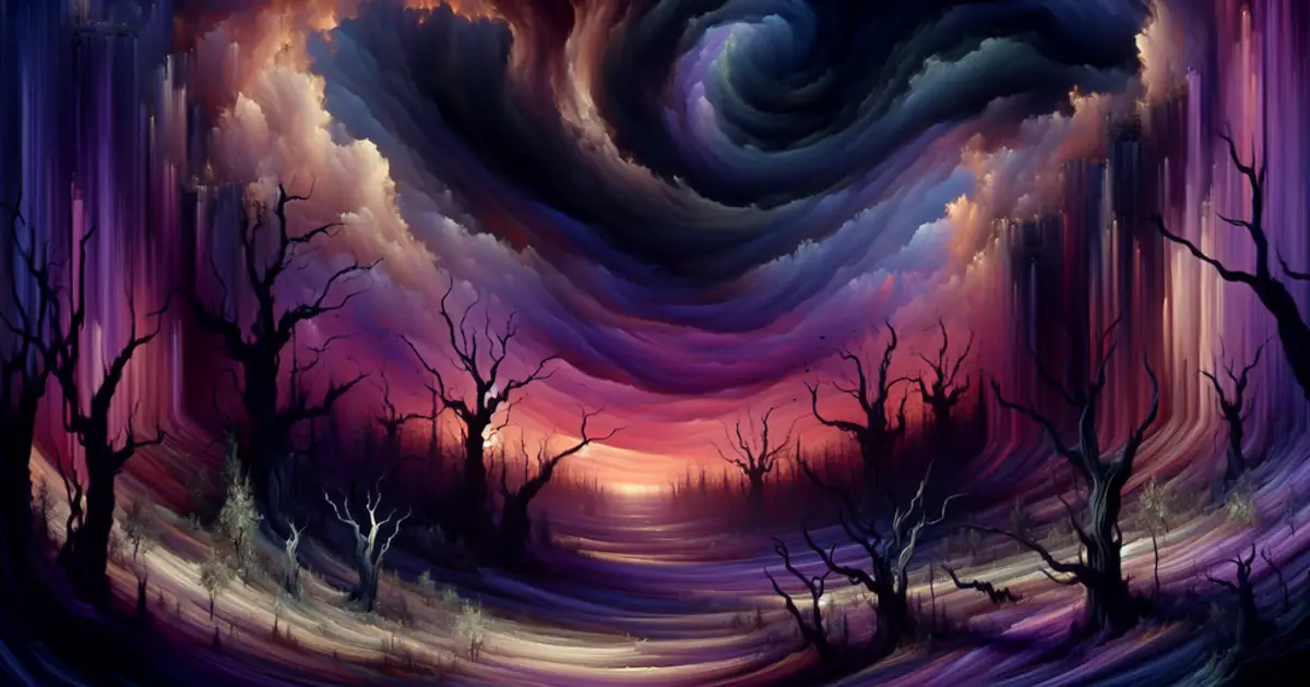 A violet storm coiling over dead trees in the Shadowlands, where Titan Saga: Idle veilbreaks surface